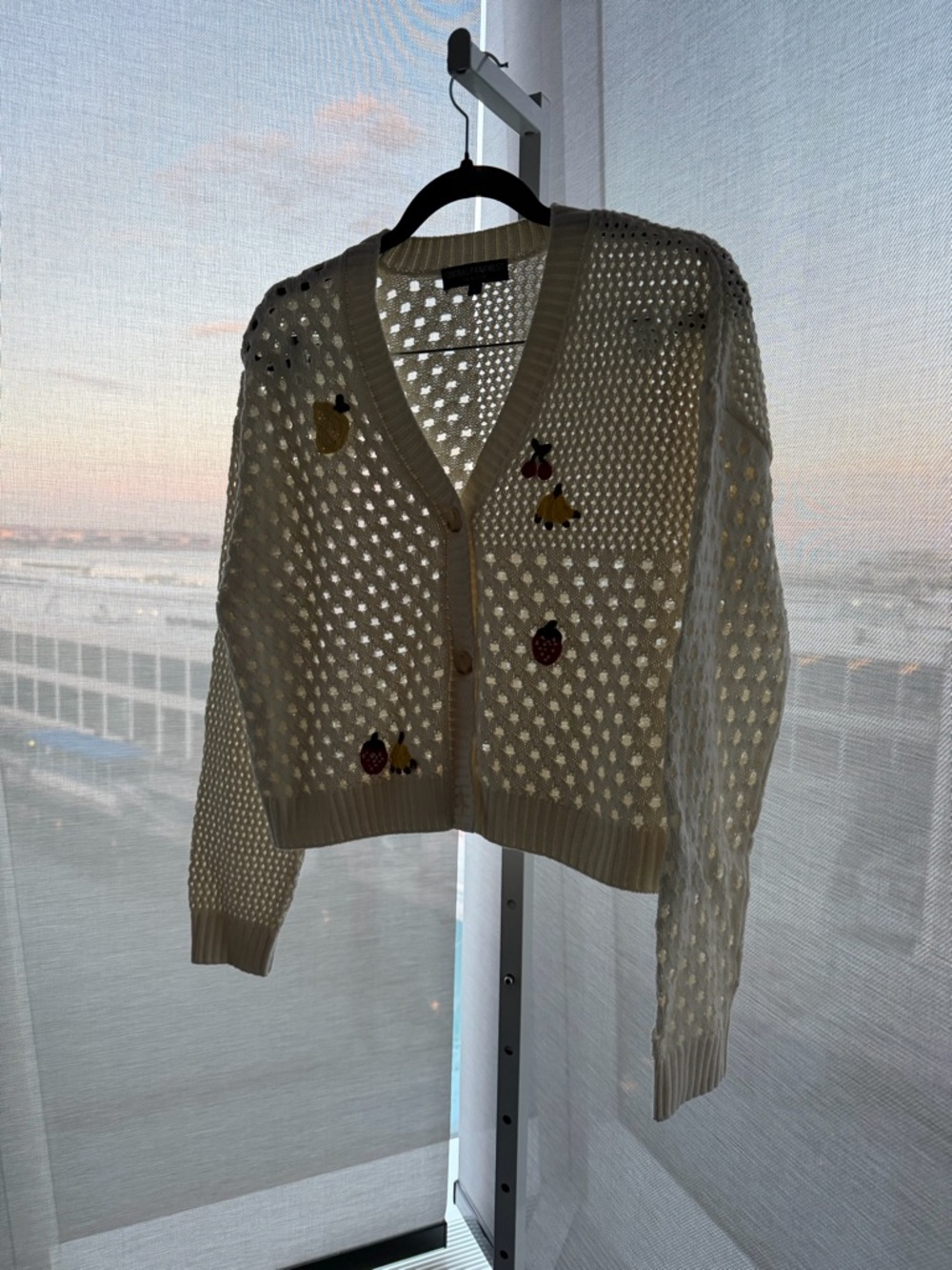 Central Park West Cream Open-Knit V-Neck Button Cardigan with Embroidered Motifs